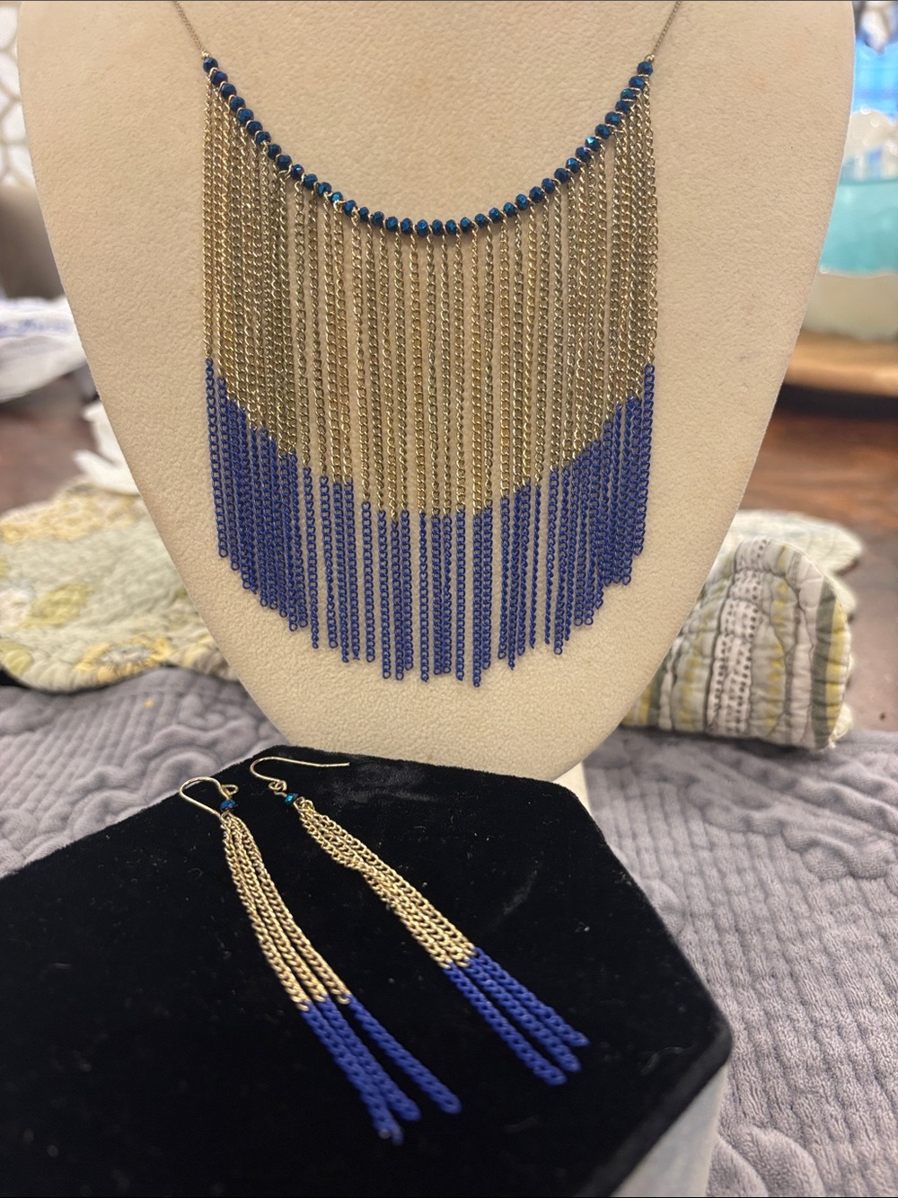 Blue and Gold Dainty Fringe Necklace with Matching Earrings-NWT